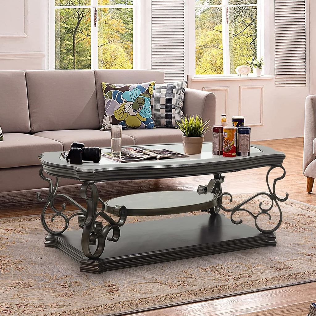 Ssline Traditional Vintage 3-Tier Sofa Console Table with Tempered Glass Table Top,Wood Accent Side Table with Marble Paper Middle Shelf,Hall Table for Living Room Bedroom Entryway