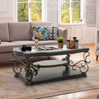 Ssline Traditional Vintage 3-Tier Sofa Console Table with Tempered Glass Table Top,Wood Accent Side Table with Marble Paper Middle Shelf,Hall Table for Living Room Bedroom Entryway