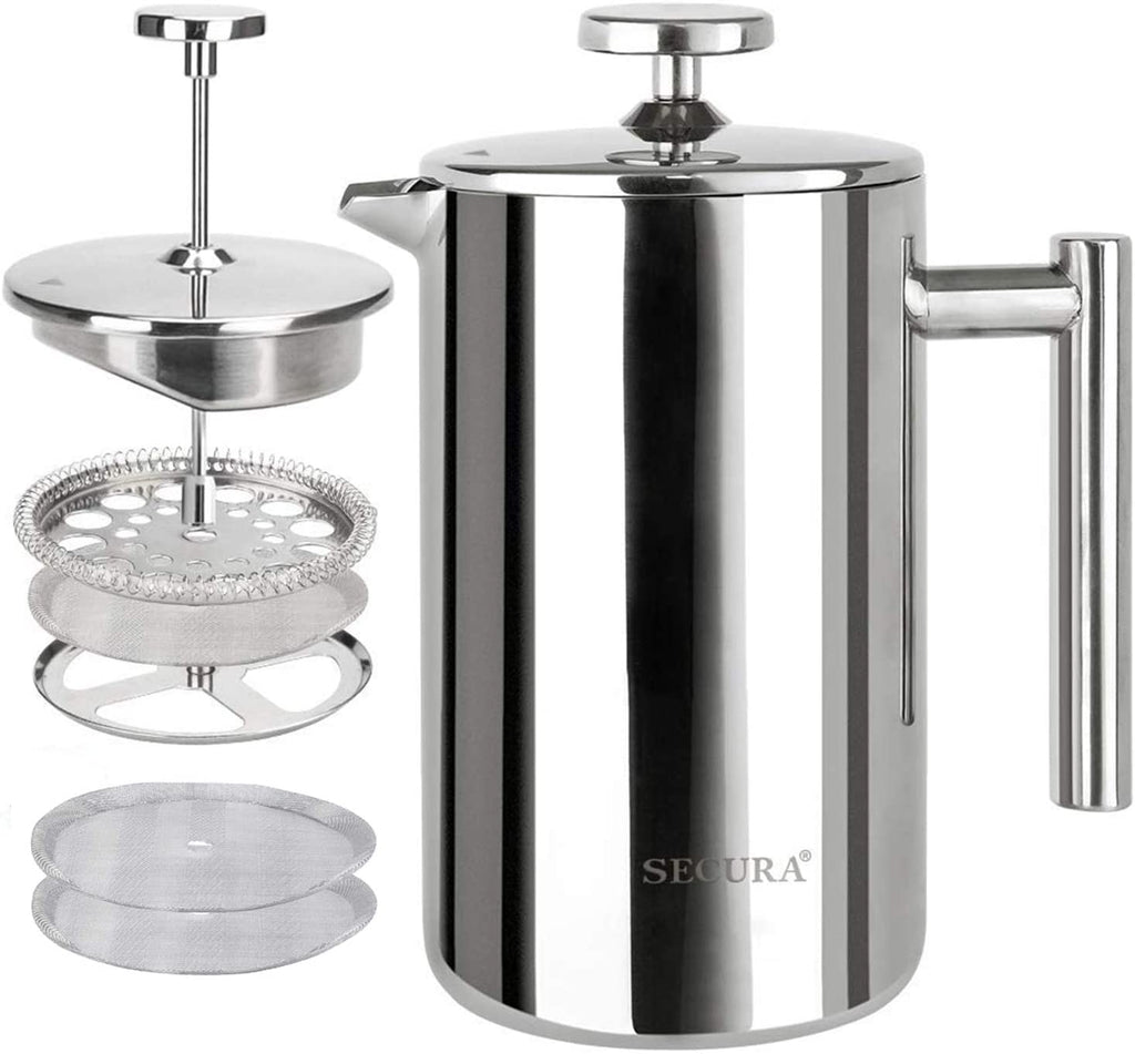 Secura French Press Coffee Maker, 304 Grade Stainless Steel Insulated Coffee Press with 2 Extra Screens, 50Oz (1.5 Litre), Silver