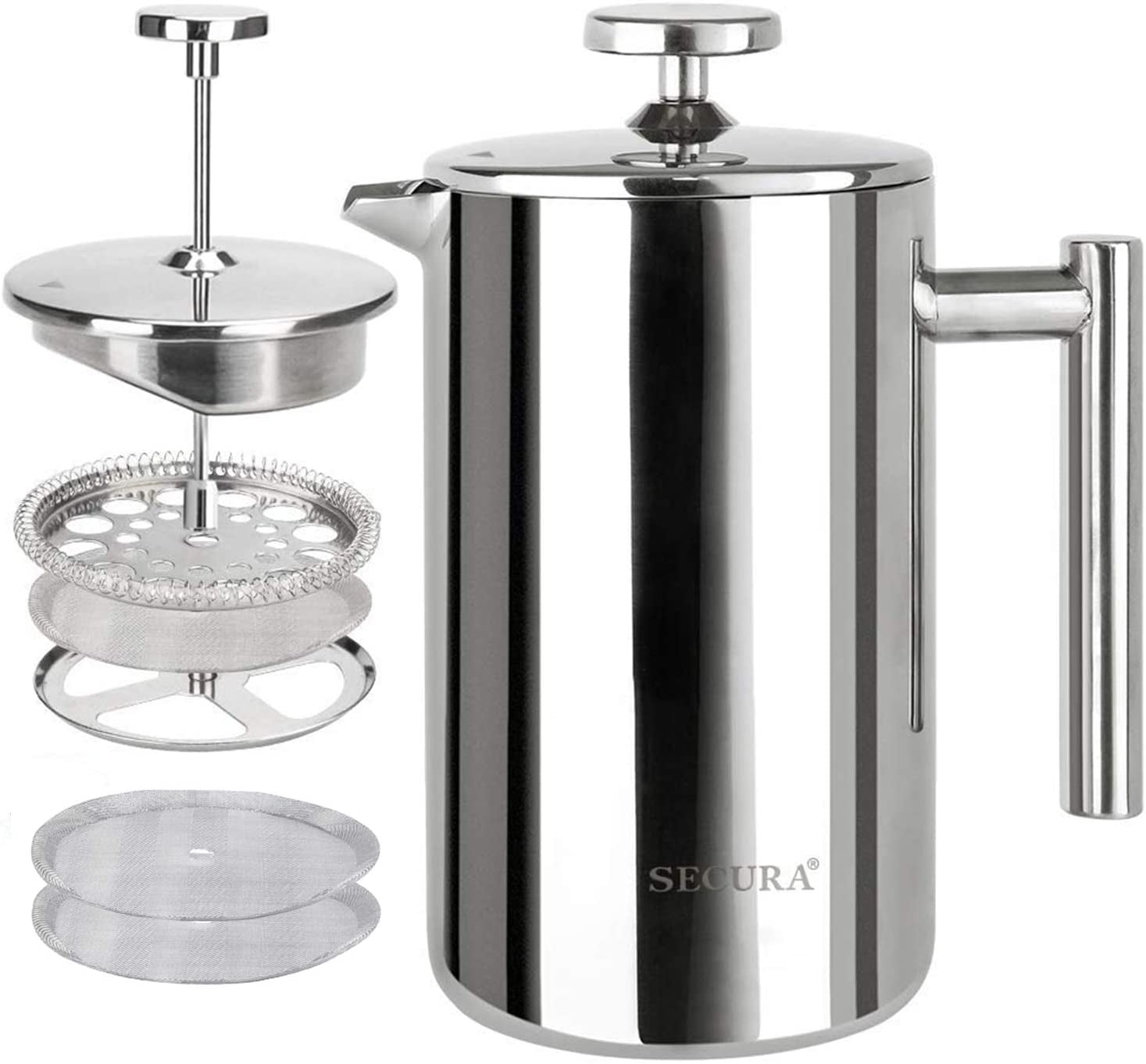 Secura French Press Coffee Maker, 304 Grade Stainless Steel Insulated Coffee Press with 2 Extra Screens, 50Oz (1.5 Litre), Silver