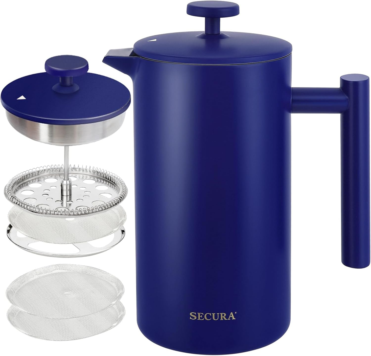 Secura French Press Coffee Maker, 304 Grade Stainless Steel Insulated Coffee Press with 2 Extra Screens, 50Oz (1.5 Litre), Silver