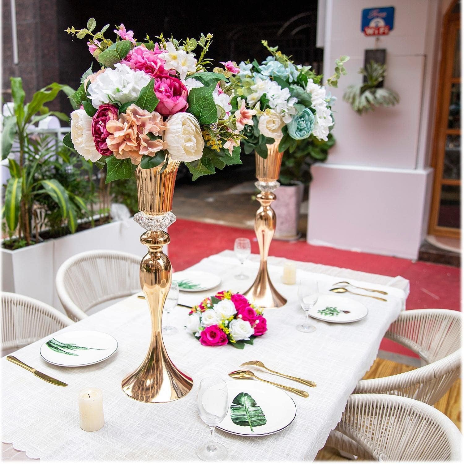 Gold Metal Trumpet Wedding Flower Vases – 22" Tall Elegant Centerpiece Stands, Luxury Floral Arrangement Vases for Weddings, Events & Home Décor (Set of 2)