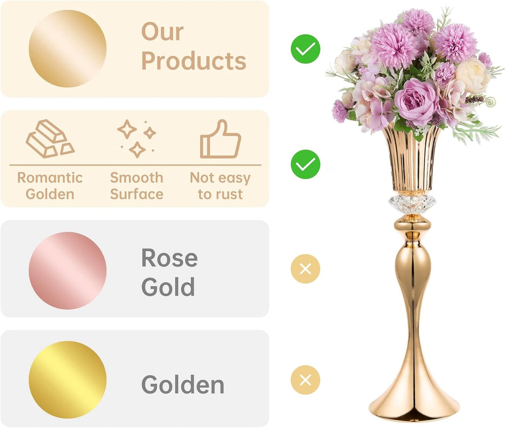 Gold Metal Trumpet Wedding Flower Vases – 22" Tall Elegant Centerpiece Stands, Luxury Floral Arrangement Vases for Weddings, Events & Home Décor (Set of 2)
