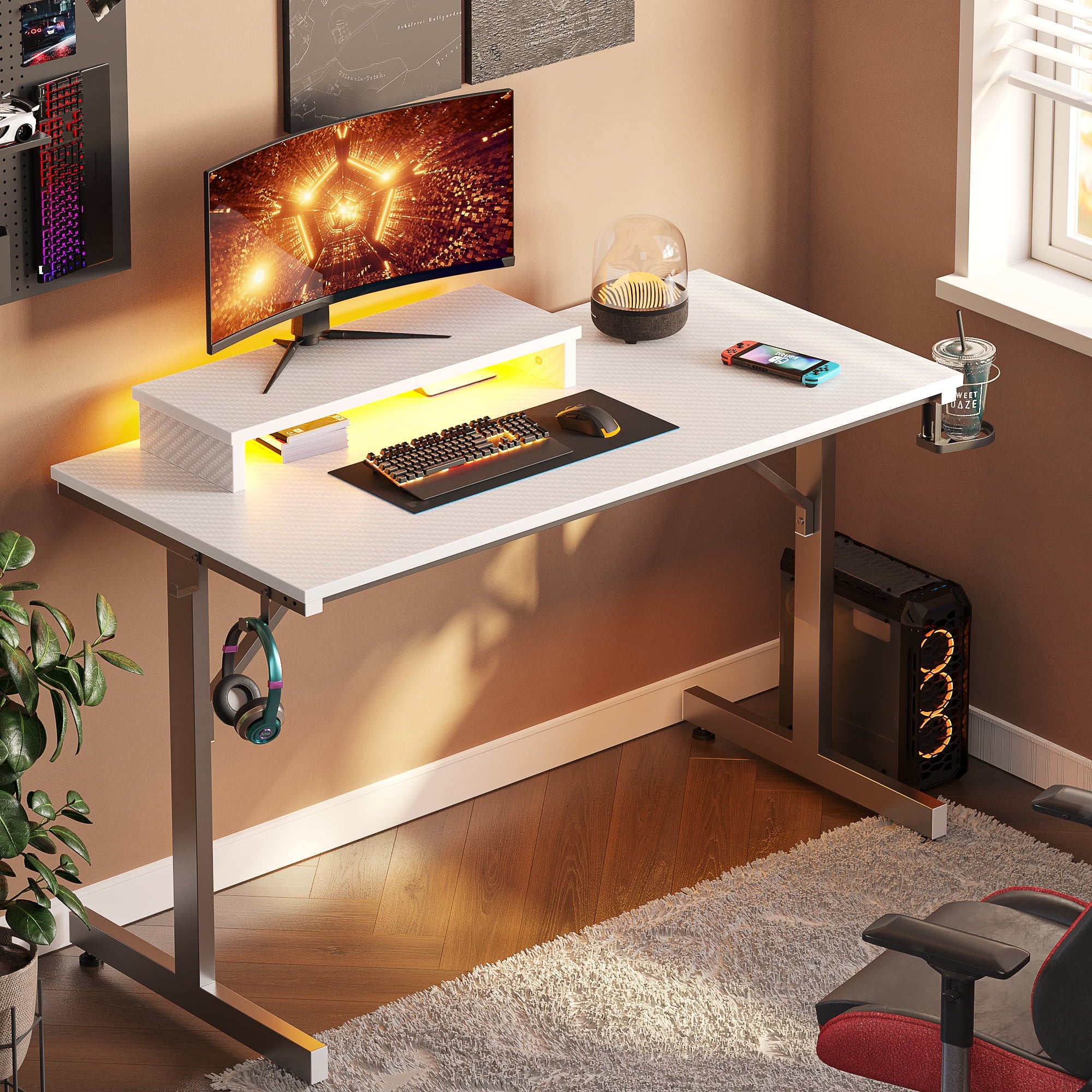 Bestier 42 Inch LED Gaming Desk with Monitor Stand PC Computer Gamer Home Office Table in White