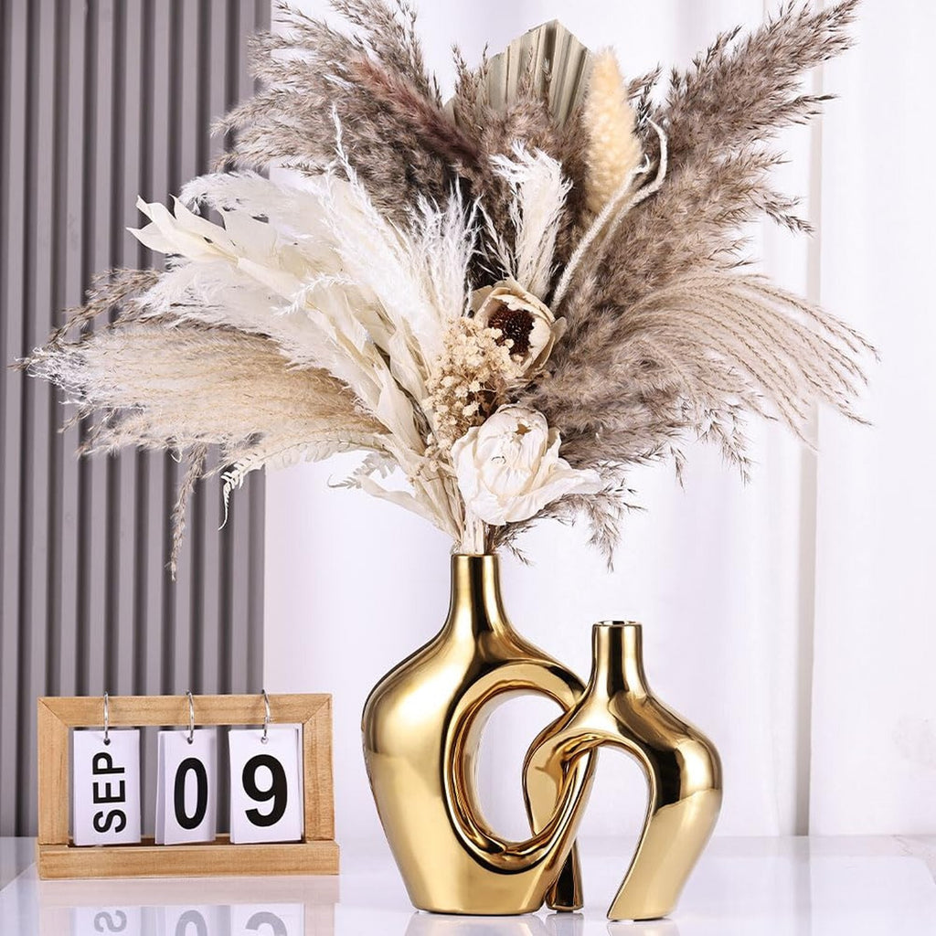 Gold Hollow Ceramic Vases Set of 2 - Modern Nordic Boho Ins Style Decor Vases...