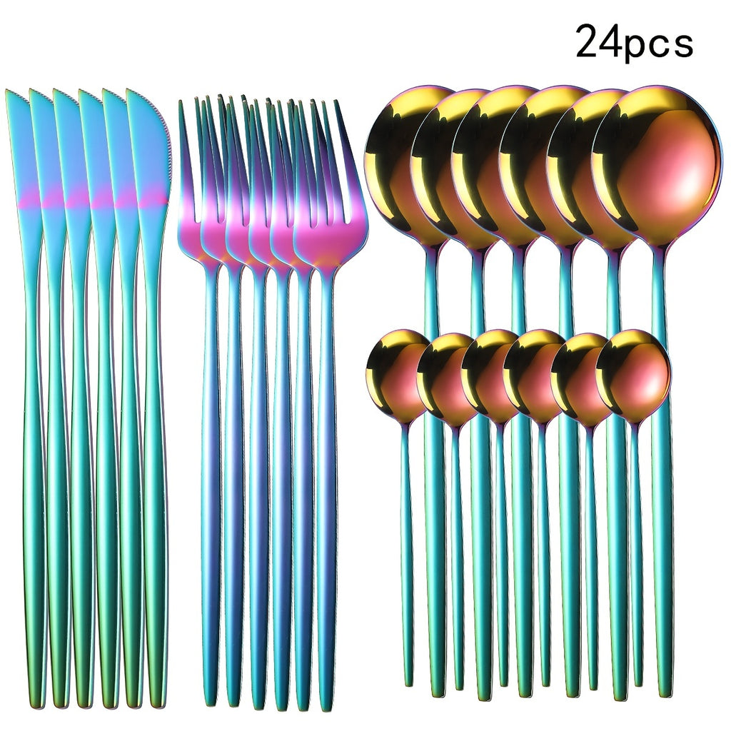 Set of colorful forks and spoons with '24pcs' text above.