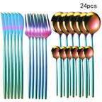 Set of colorful forks and spoons with '24pcs' text above.