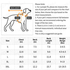 Dog size chart with measurements for chest, neck, back length, and weight range.
