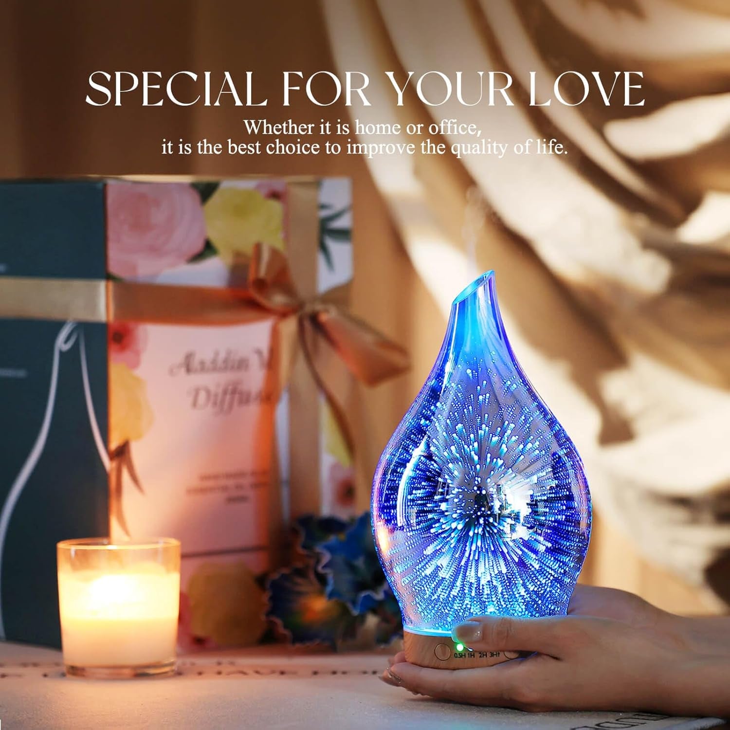 Porseme Oil Diffuser 3D Glass Aromatherapy Ultrasonic Humidifier, Air Refresh Auto Shut-Off, Timer Setting, BPA Free for Home Hotel Yoga Leisure SPA Gift 150Ml Last 6H