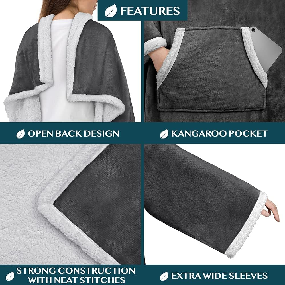 PAVILIA Sherpa Wearable Blanket with Sleeves and Pocket, Plush Thick Cozy Body Blanket Wrap for Adult Women Men, Christmas Gift for Wife Mom, Dark Grey