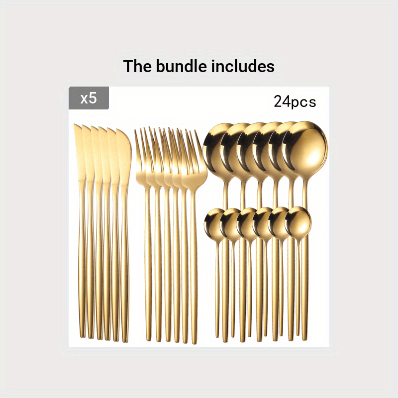 Gold cutlery set with 24 pieces on a light gray background