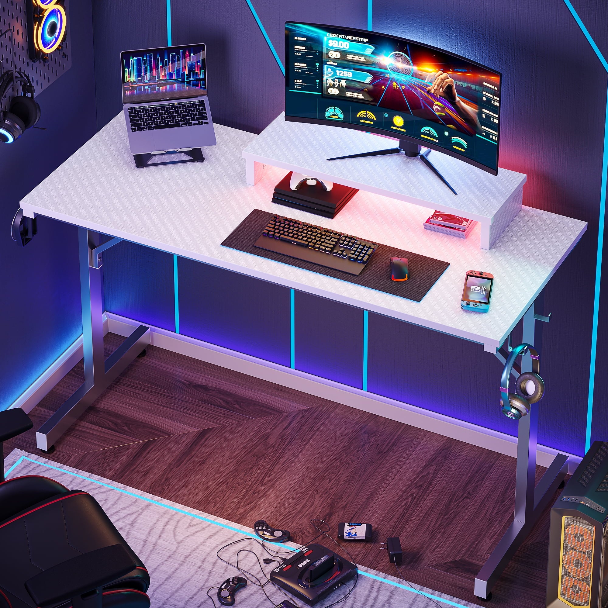 Bestier 42 Inch LED Gaming Desk with Monitor Stand PC Computer Gamer Home Office Table in White