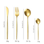 Gold cutlery set with measurements and weights on a white background