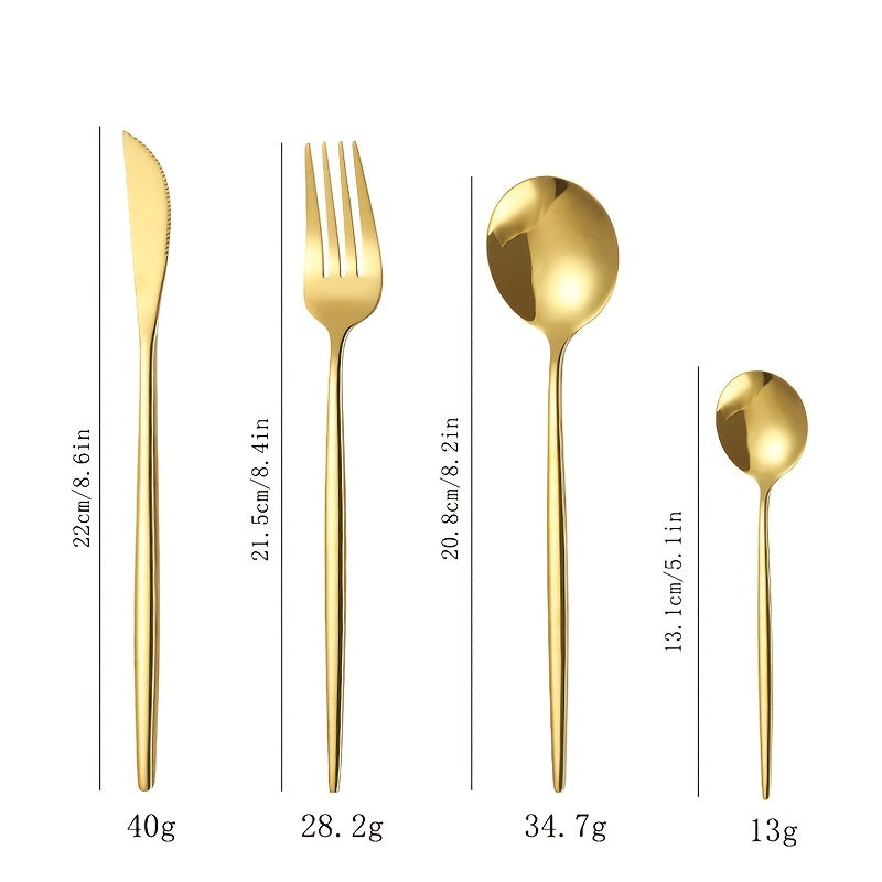 Gold cutlery set with measurements and weights on a white background