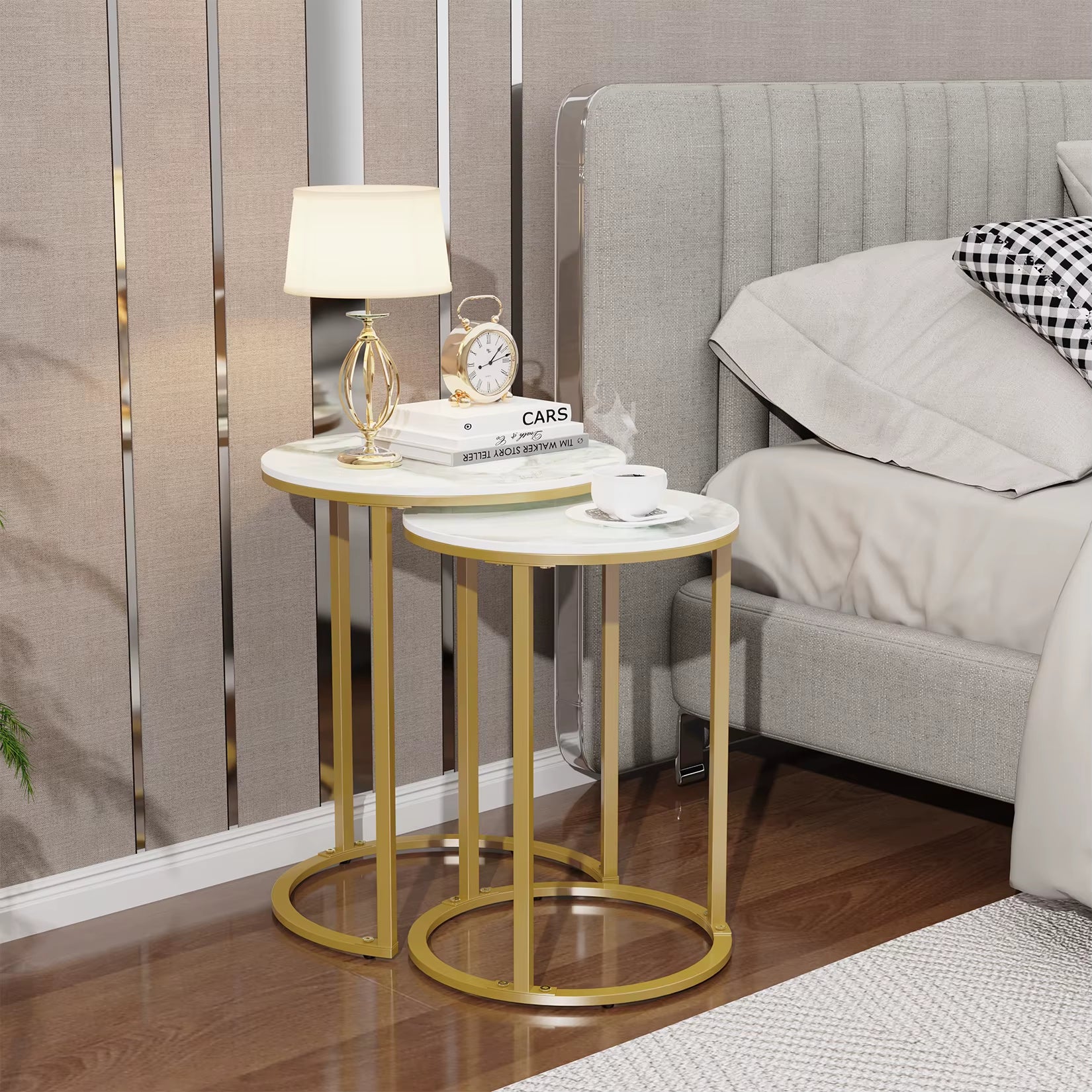 Set of 2 Sintered Stone round Metal Base Nesting Set Side Accent Table Living Room Storage Small End Table