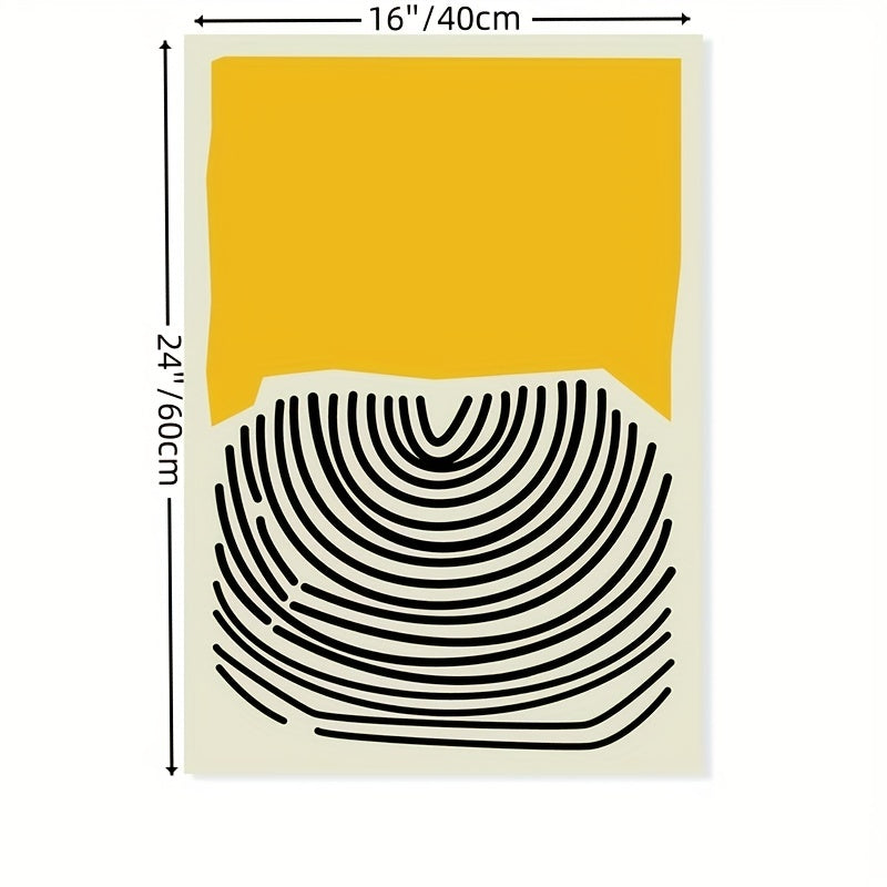 Poster with black concentric circle design on a yellow and beige background, with dimensions indicated.