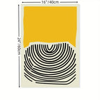 Poster with black concentric circle design on a yellow and beige background, with dimensions indicated.