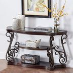 Ssline Traditional Vintage 3-Tier Sofa Console Table with Tempered Glass Table Top,Wood Accent Side Table with Marble Paper Middle Shelf,Hall Table for Living Room Bedroom Entryway