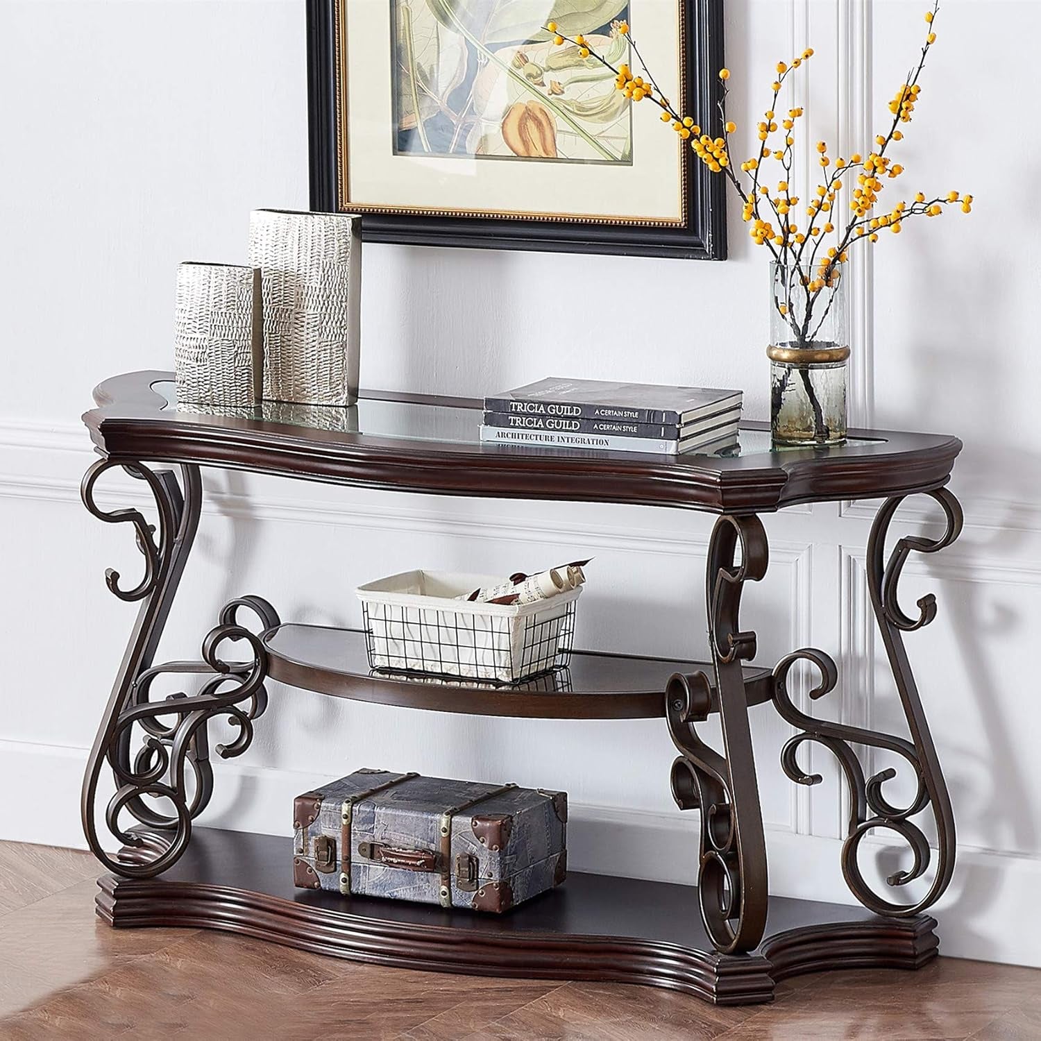 Ssline Traditional Vintage 3-Tier Sofa Console Table with Tempered Glass Table Top,Wood Accent Side Table with Marble Paper Middle Shelf,Hall Table for Living Room Bedroom Entryway