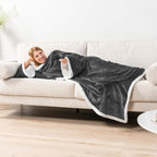 PAVILIA Sherpa Wearable Blanket with Sleeves and Pocket, Plush Thick Cozy Body Blanket Wrap for Adult Women Men, Christmas Gift for Wife Mom, Dark Grey