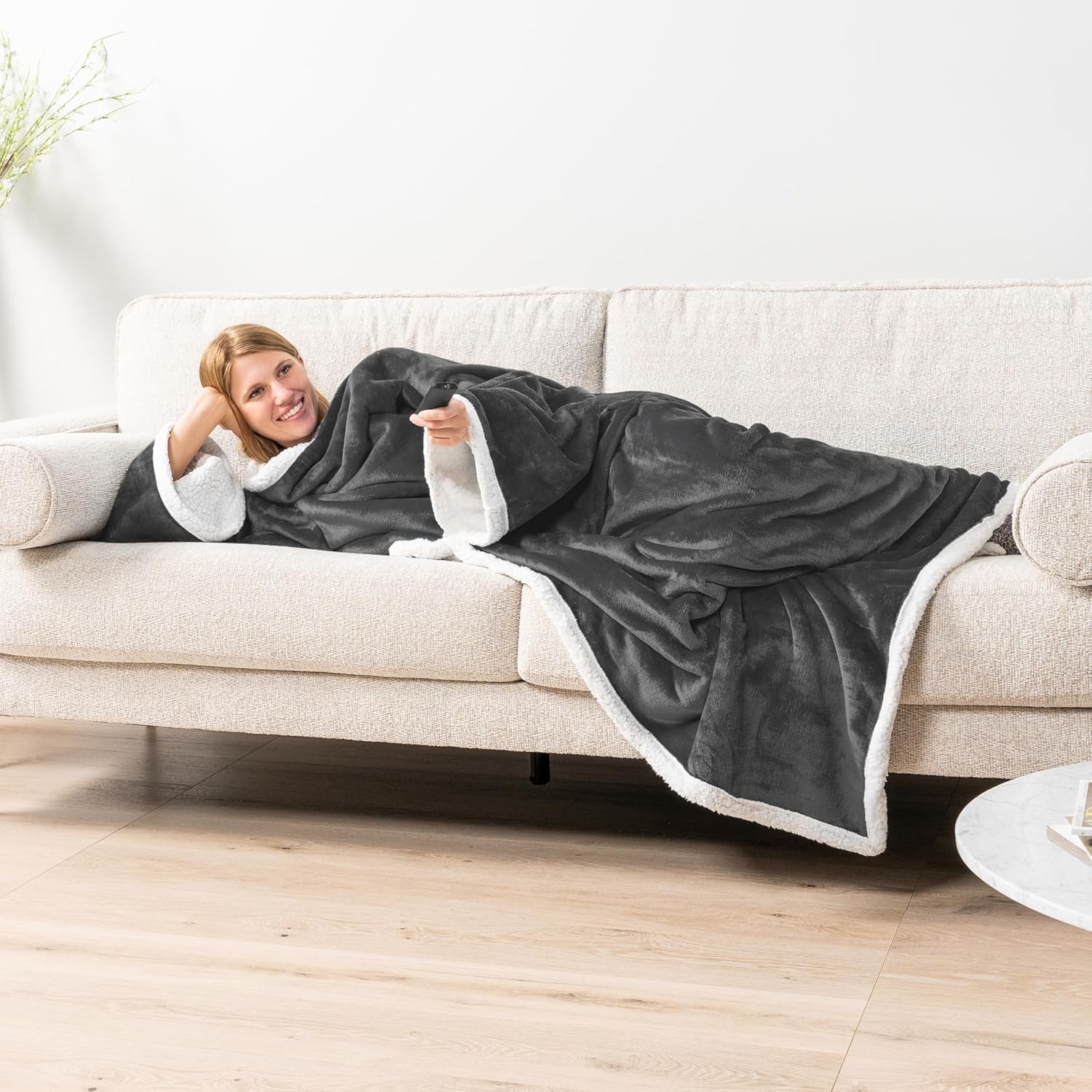 PAVILIA Sherpa Wearable Blanket with Sleeves and Pocket, Plush Thick Cozy Body Blanket Wrap for Adult Women Men, Christmas Gift for Wife Mom, Dark Grey