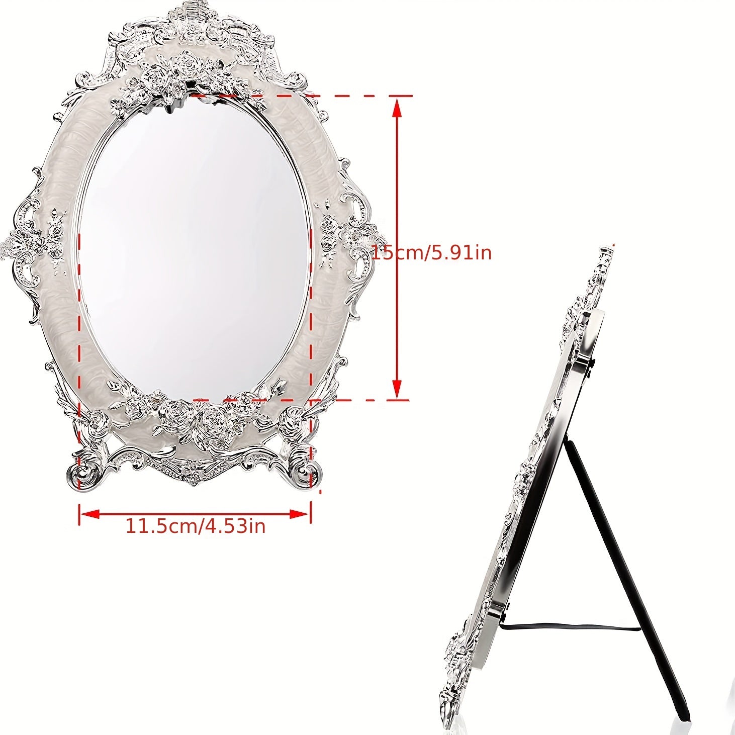 Decorative oval mirror with intricate design and dimensions on a white background