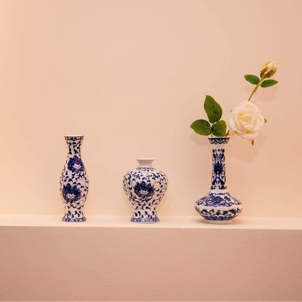 Blue and White Vase Set of 3, Cute Ceramic Bud Vase in Bulk for Farmhouse Table Centerpiece Mini Vintage Vase for Rustic Wedding Decorations, Home Table Flower Decor