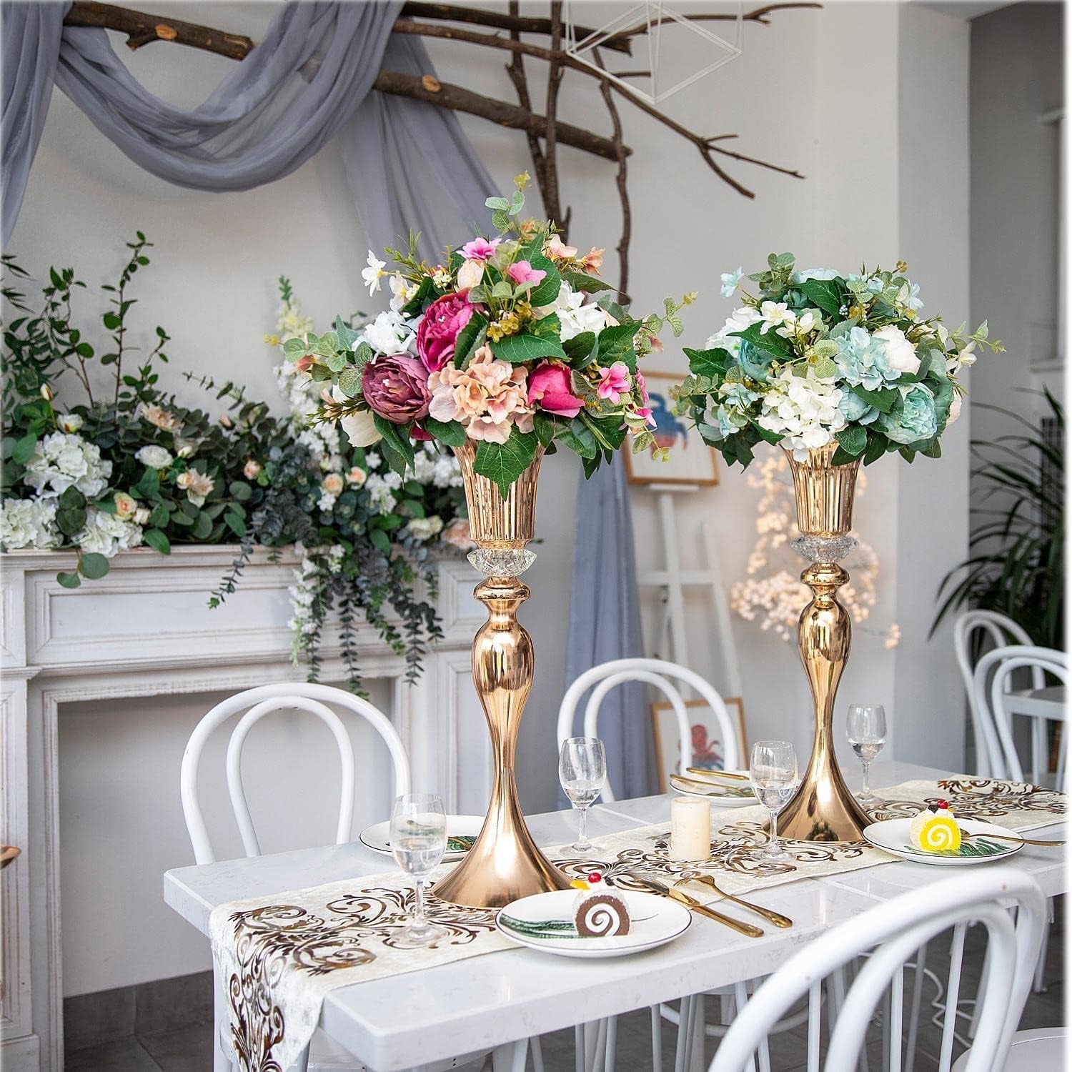 Gold Metal Trumpet Wedding Flower Vases – 22" Tall Elegant Centerpiece Stands, Luxury Floral Arrangement Vases for Weddings, Events & Home Décor (Set of 2)
