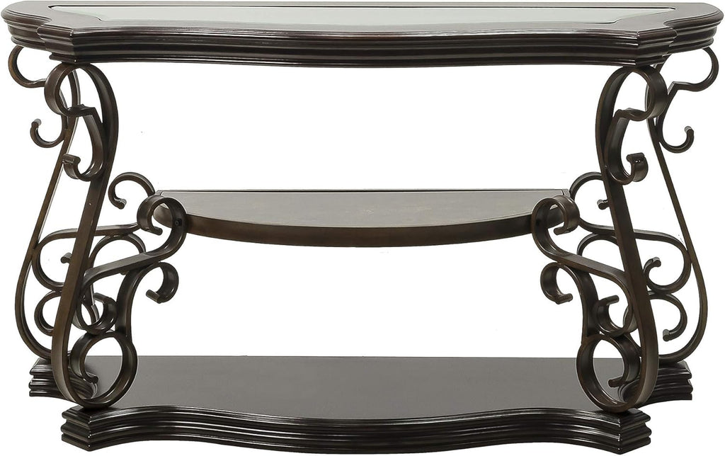 Ssline Traditional Vintage 3-Tier Sofa Console Table with Tempered Glass Table Top,Wood Accent Side Table with Marble Paper Middle Shelf,Hall Table for Living Room Bedroom Entryway