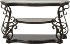 Ssline Traditional Vintage 3-Tier Sofa Console Table with Tempered Glass Table Top,Wood Accent Side Table with Marble Paper Middle Shelf,Hall Table for Living Room Bedroom Entryway