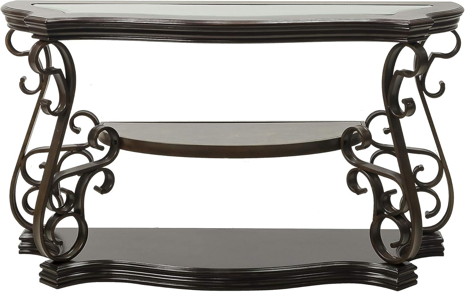 Ssline Traditional Vintage 3-Tier Sofa Console Table with Tempered Glass Table Top,Wood Accent Side Table with Marble Paper Middle Shelf,Hall Table for Living Room Bedroom Entryway