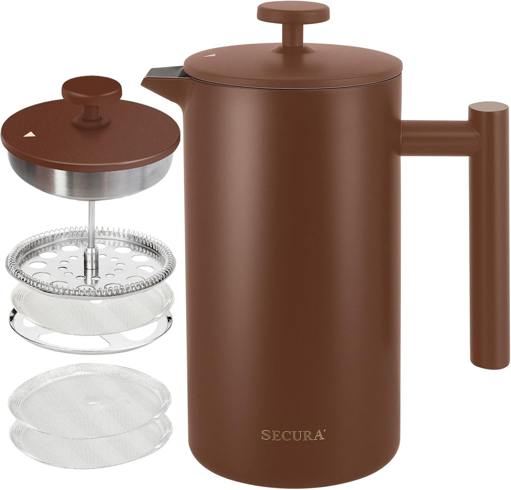 Secura French Press Coffee Maker, 304 Grade Stainless Steel Insulated Coffee Press with 2 Extra Screens, 50Oz (1.5 Litre), Silver