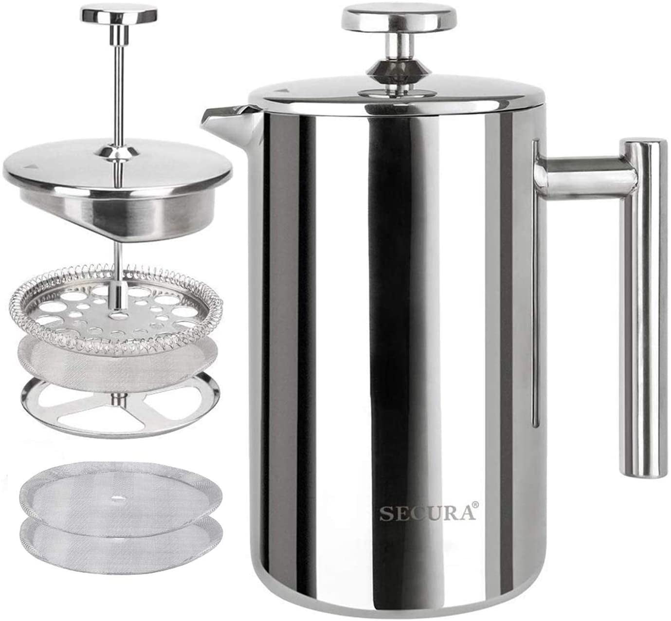 Secura French Press Coffee Maker, 304 Grade Stainless Steel Insulated Coffee Press with 2 Extra Screens, 50Oz (1.5 Litre), Silver