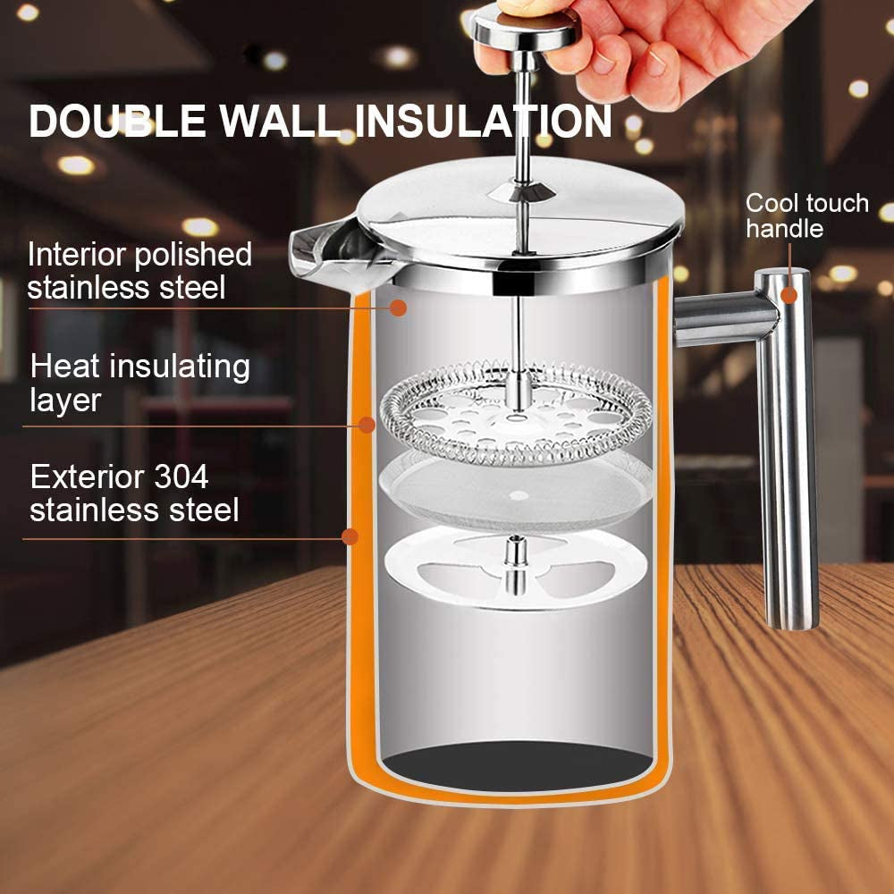 Secura French Press Coffee Maker, 304 Grade Stainless Steel Insulated Coffee Press with 2 Extra Screens, 50Oz (1.5 Litre), Silver