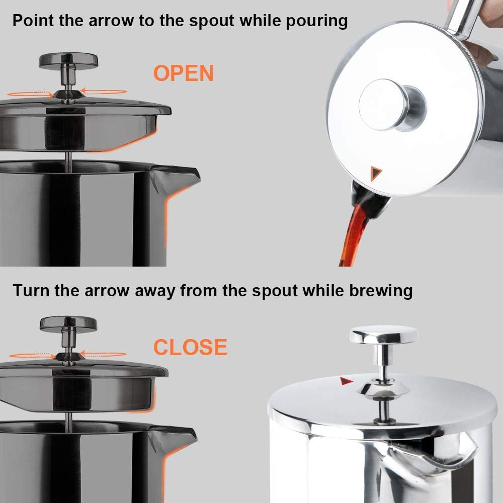 Secura French Press Coffee Maker, 304 Grade Stainless Steel Insulated Coffee Press with 2 Extra Screens, 50Oz (1.5 Litre), Silver