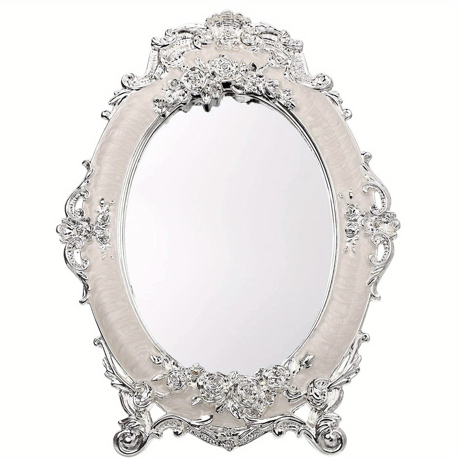 Decorative oval mirror with intricate silver frame on a white background