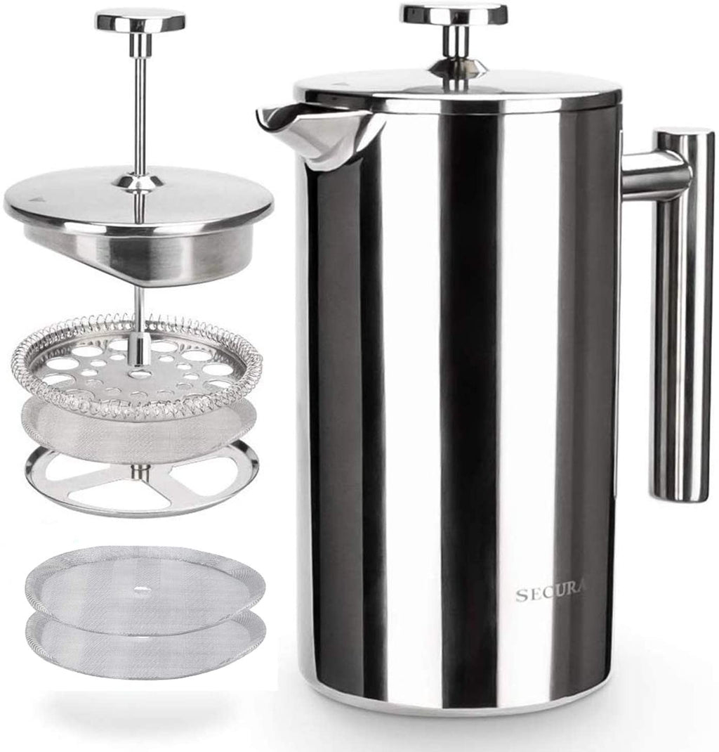 Secura French Press Coffee Maker, 304 Grade Stainless Steel Insulated Coffee Press with 2 Extra Screens, 50Oz (1.5 Litre), Silver