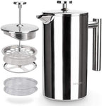 Secura French Press Coffee Maker, 304 Grade Stainless Steel Insulated Coffee Press with 2 Extra Screens, 50Oz (1.5 Litre), Silver