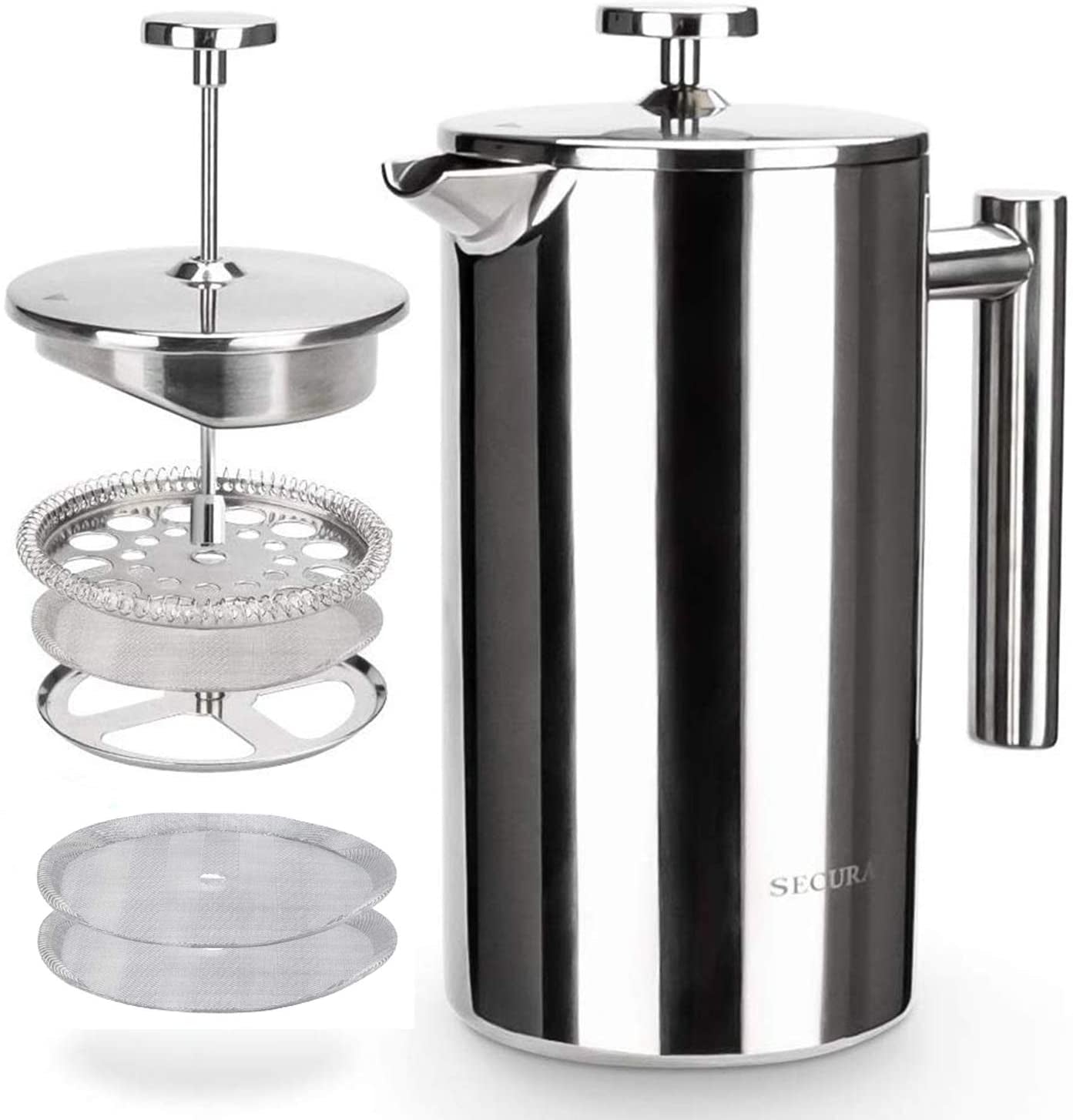 Secura French Press Coffee Maker, 304 Grade Stainless Steel Insulated Coffee Press with 2 Extra Screens, 50Oz (1.5 Litre), Silver