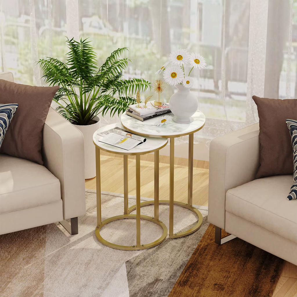 Set of 2 Sintered Stone round Metal Base Nesting Set Side Accent Table Living Room Storage Small End Table