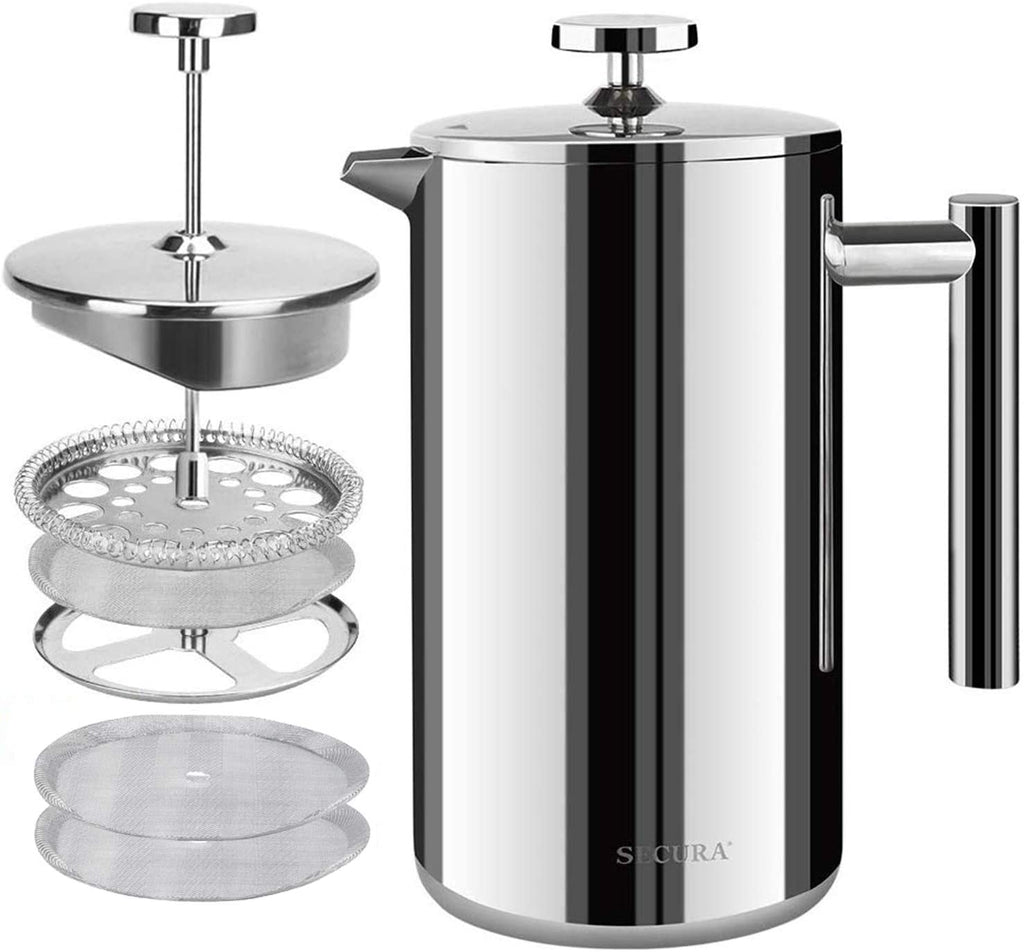 Secura French Press Coffee Maker, 304 Grade Stainless Steel Insulated Coffee Press with 2 Extra Screens, 50Oz (1.5 Litre), Silver
