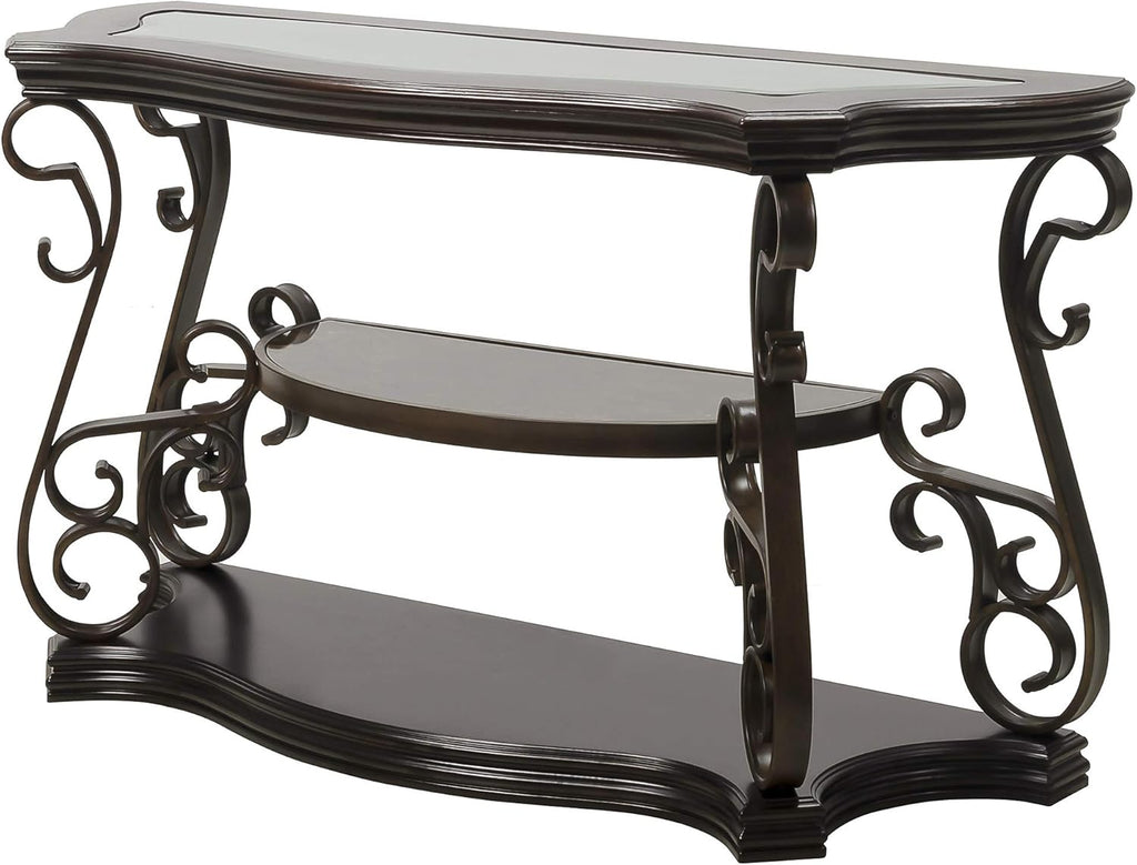 Ssline Traditional Vintage 3-Tier Sofa Console Table with Tempered Glass Table Top,Wood Accent Side Table with Marble Paper Middle Shelf,Hall Table for Living Room Bedroom Entryway