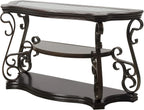 Ssline Traditional Vintage 3-Tier Sofa Console Table with Tempered Glass Table Top,Wood Accent Side Table with Marble Paper Middle Shelf,Hall Table for Living Room Bedroom Entryway