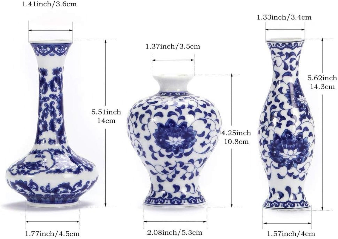 Blue and White Vase Set of 3, Cute Ceramic Bud Vase in Bulk for Farmhouse Table Centerpiece Mini Vintage Vase for Rustic Wedding Decorations, Home Table Flower Decor