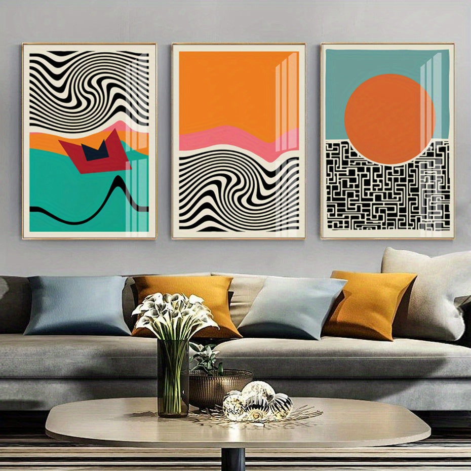 Modern living room with abstract art on the wall and a gray sofa.