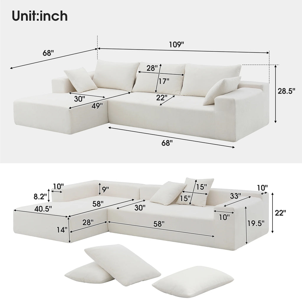 Williamspace 109" Modular Sectional Sofa, L Shaped Modern Couch Upholstered Sleeper Sofa Minimalist Style Couch Living Room Sofa Set for Living Room, White