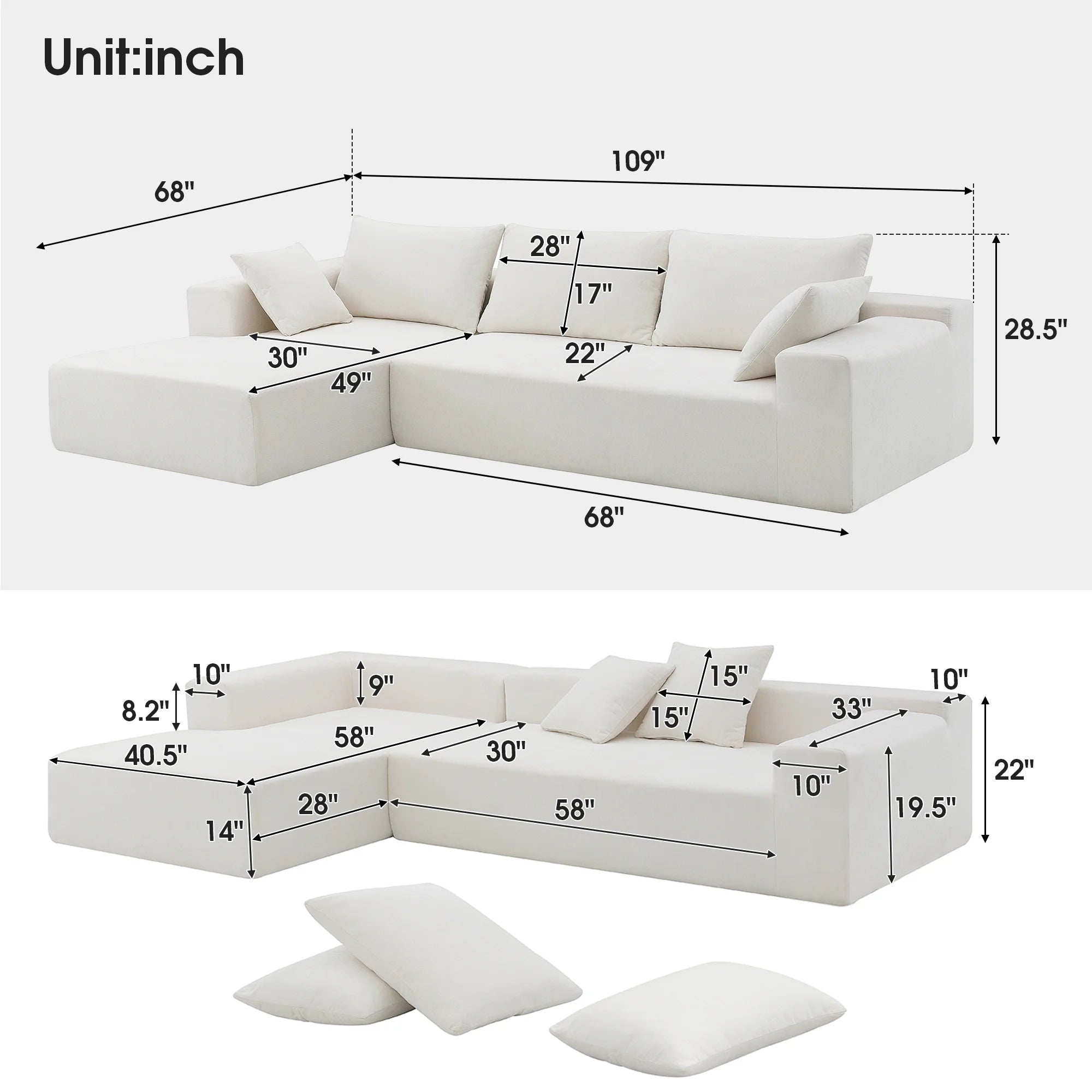 Williamspace 109" Modular Sectional Sofa, L Shaped Modern Couch Upholstered Sleeper Sofa Minimalist Style Couch Living Room Sofa Set for Living Room, White