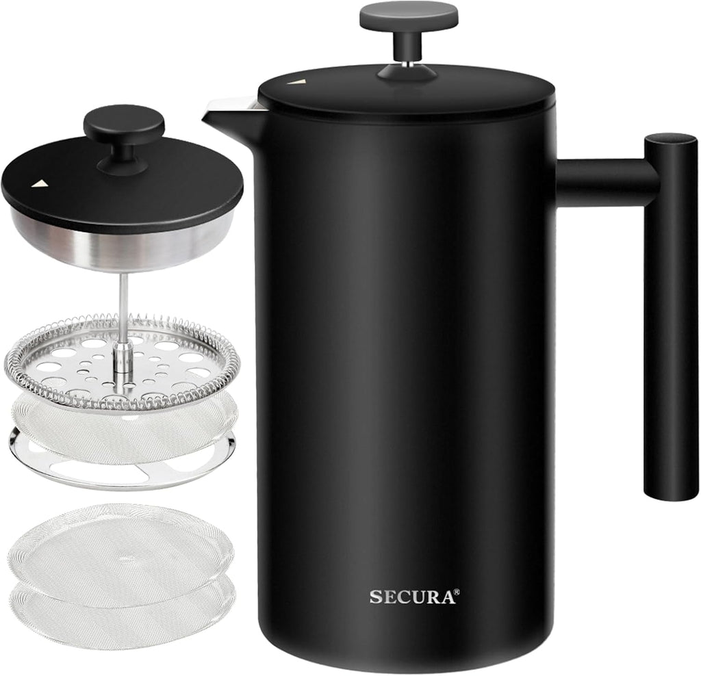 Secura French Press Coffee Maker, 304 Grade Stainless Steel Insulated Coffee Press with 2 Extra Screens, 50Oz (1.5 Litre), Silver