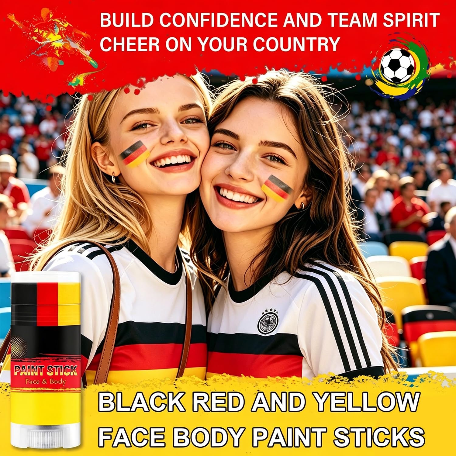 Black Red and Yellow Germany Face Paint Stick for World Cup Fans and Party, World Cup Decorations, Sweatproof & High Pigment Sports Face Paint Sticks for World Cup Party Accessories