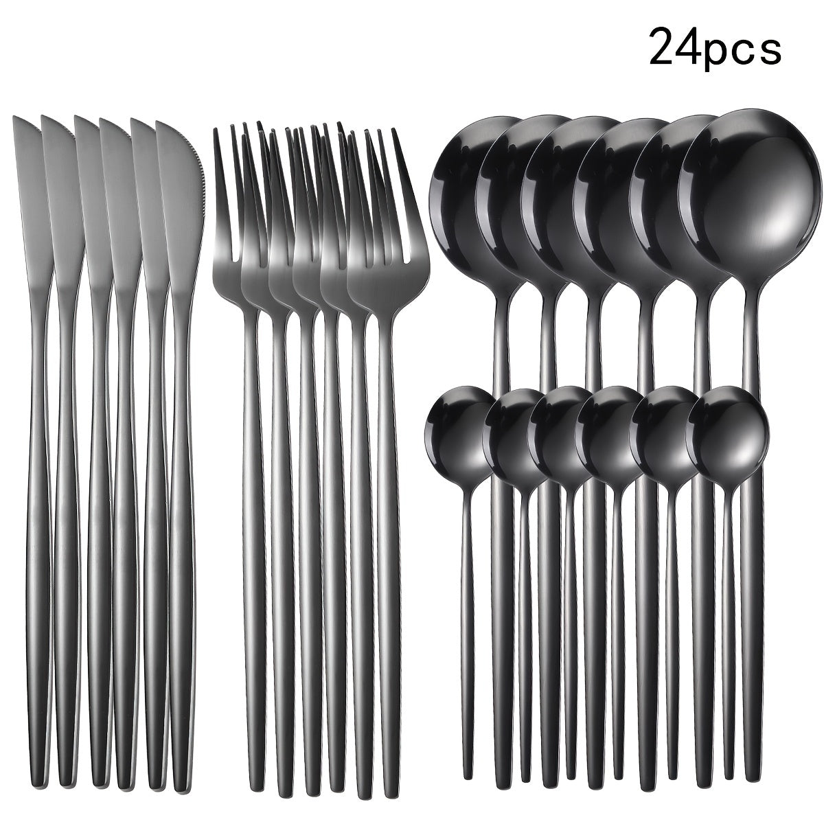 Set of 24 black flatware pieces including knives, forks, and spoons on a white background.